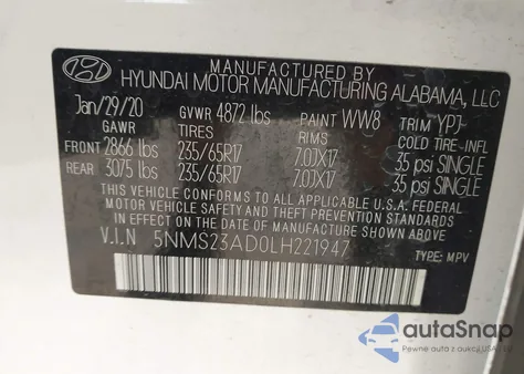 2020 Hyundai Santa Fe Se from USA, damaged, VIN 5NMS23AD0LH221947